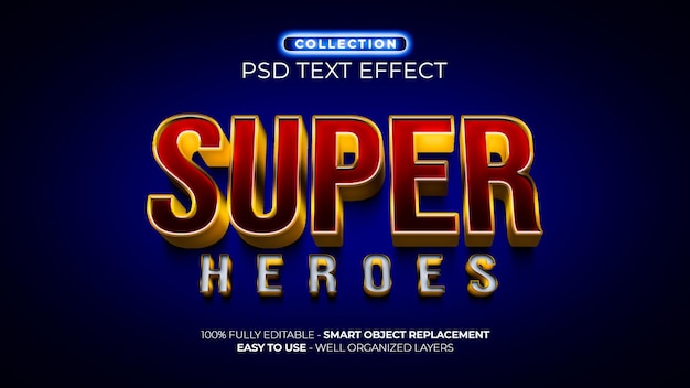PSD superhéroes 3d efecto de texto personalizado.