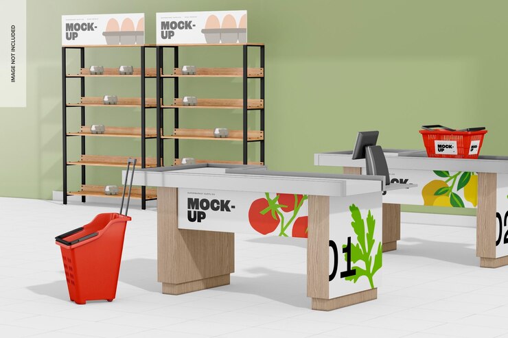 PSD supermarket interior scene mockup, right view