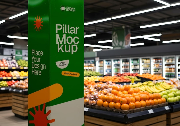 Supermarket Pillar Mockup Design Fresh Produce and Organic Branding in Grocery Store