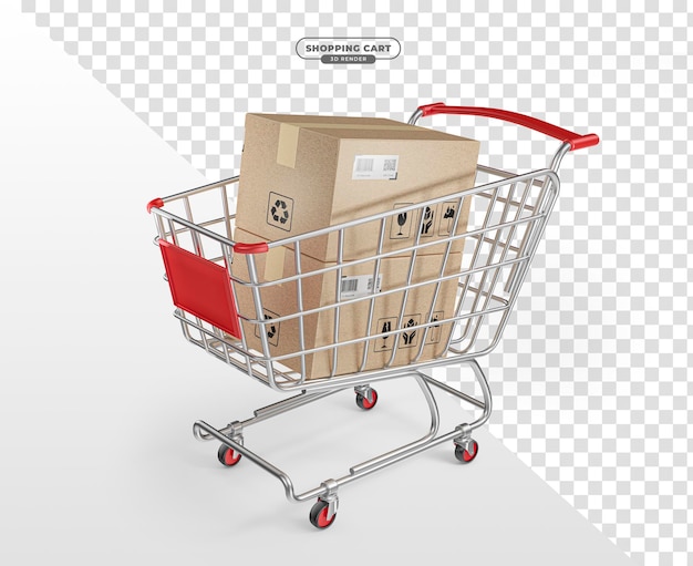 Supermarktwagen mit Einkaufsboxen in realistischem 3D-Render mit transparentem Hintergrund