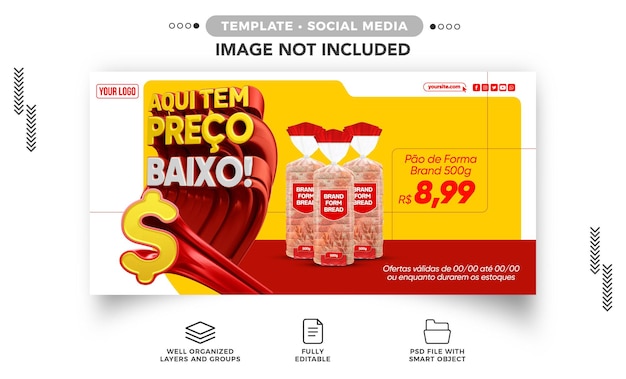 PSD el supermercado de banner de redes sociales aquí tiene un precio bajo