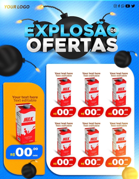 PSD supermercado de selo 3d oferece descontos da semana promoção do brasil