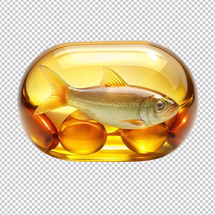 PSD suplemento dietético en forma de cápsula de aceite de pescado sobre un fondo transparente