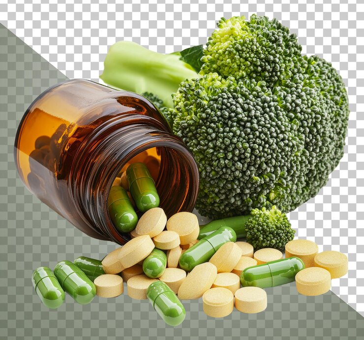 PSD suplementos de png y brócoli fresco en la mesa