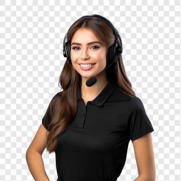 PSD support clientèle mexicaine souriante dans un t-shirt avec casque sur fond transparent psd