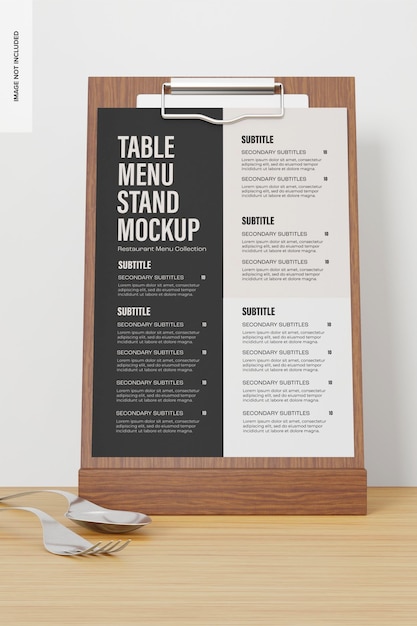 Support de menu de table sur maquette de fond en bois, vue de face