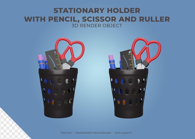 PSD support stationnaire de rendu 3d avec ciseaux crayons et règle