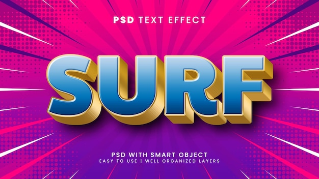 Surf 3d efecto de texto editable con estilo de texto de playa y océano