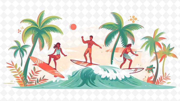 PSD los surfistas de sri lanka montando olas el diseño es de playa y laid ba ilustración vista del paisaje cultural