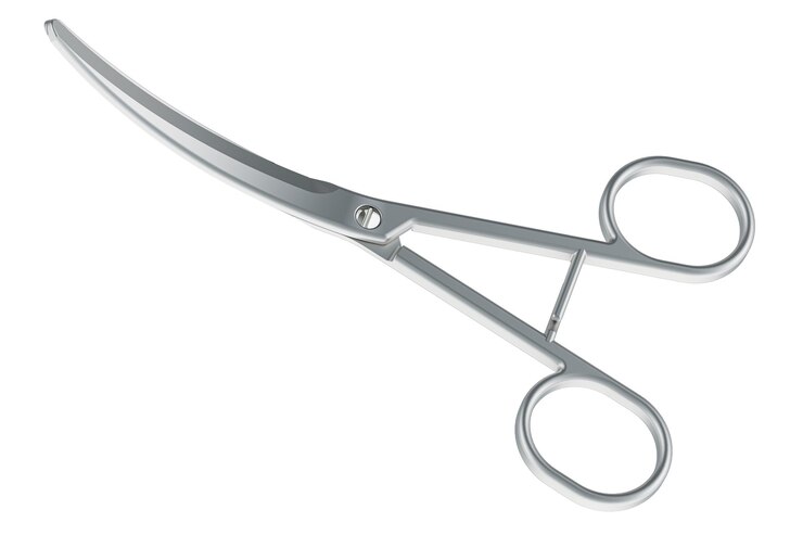 PSD surgical medical scissors curved 3d rendering isolated on transparent background