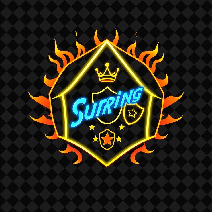 PSD surging neon dentro de una insignia en forma de cometa con bordes de llama en el interior sostiene una corona de estrellas y escudos