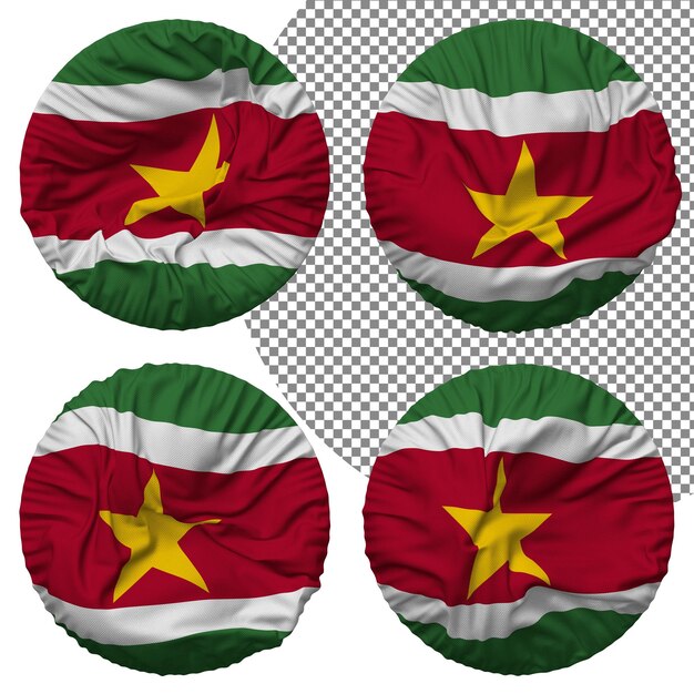 Suriname-Flagge, runde Form, isoliert, unterschiedlicher wehender Stil, Bump-Textur, 3D-Rendering