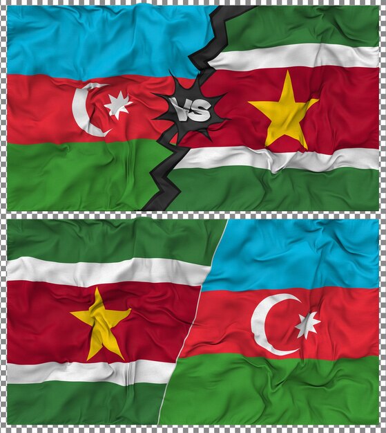 Suriname gegen Aserbaidschan Halbkombinierte Flagge Stoff-Bump-Textur 3D-Rendering