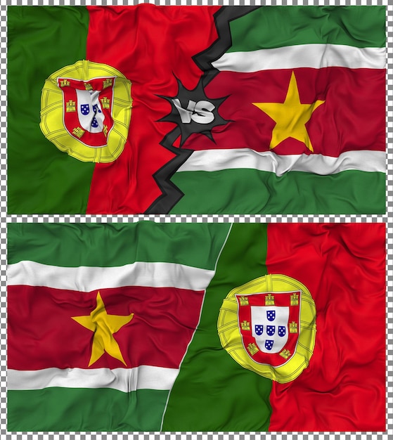 Suriname gegen Portugal Halbkombinierte Flagge Stoff-Bump-Textur 3D-Rendering