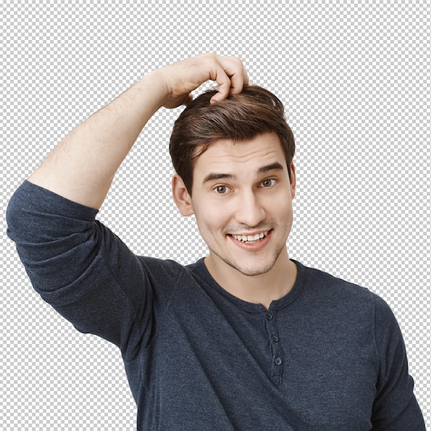 Surpreendido tipo sem ideia sorrindo cabeça de arranhão