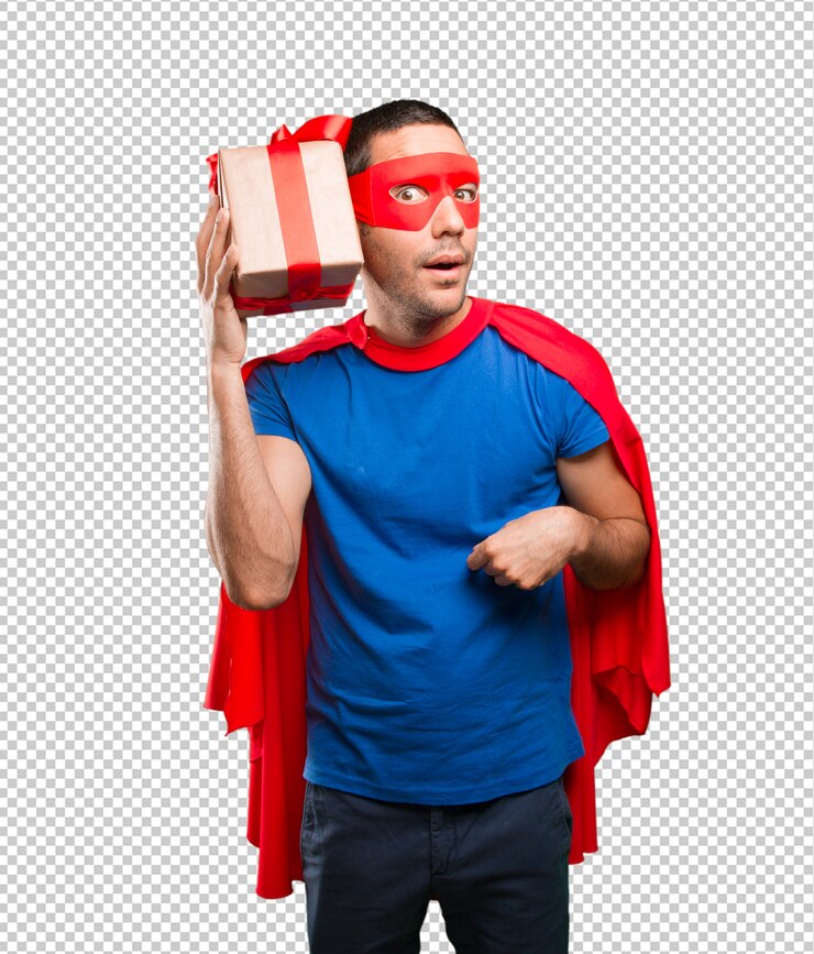 PSD surprised superhero with a gift