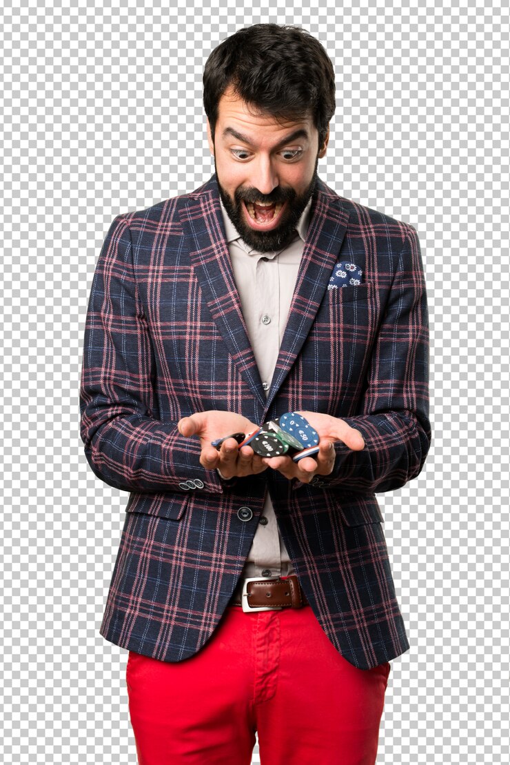 PSD surprised well dressed man holding poker chips