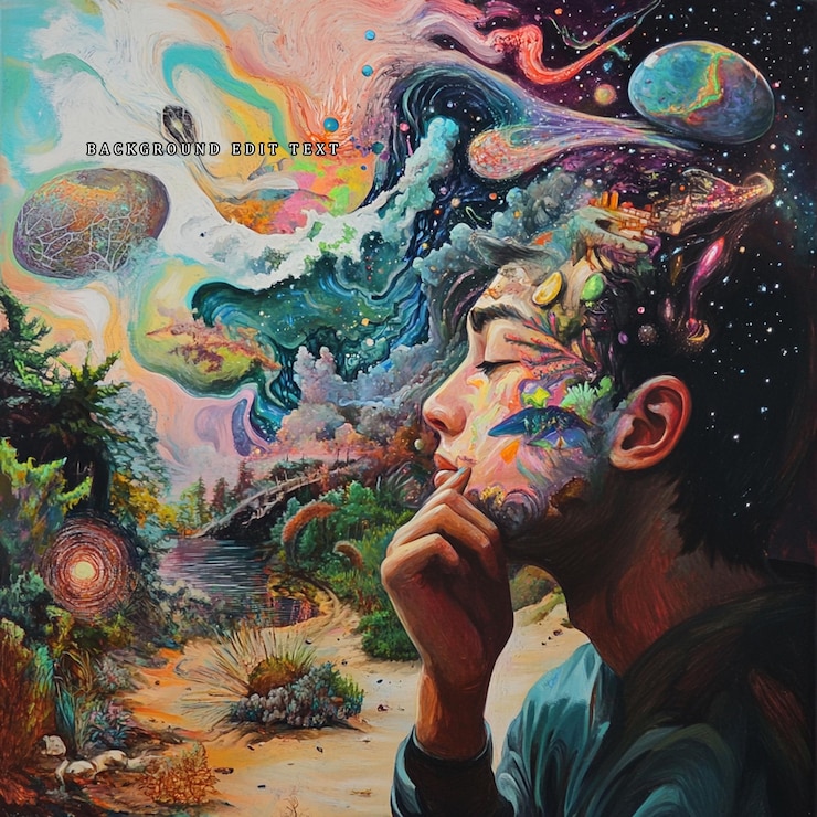 PSD surreal painting of a young man contemplating a vibrant cosmic dreamscape