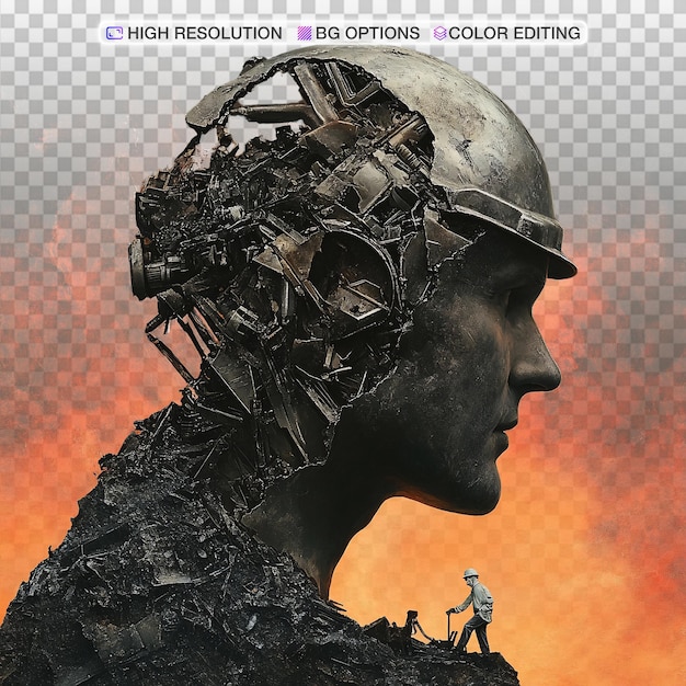 surreal portrait of a metal worker with miniature metallurgist landscape