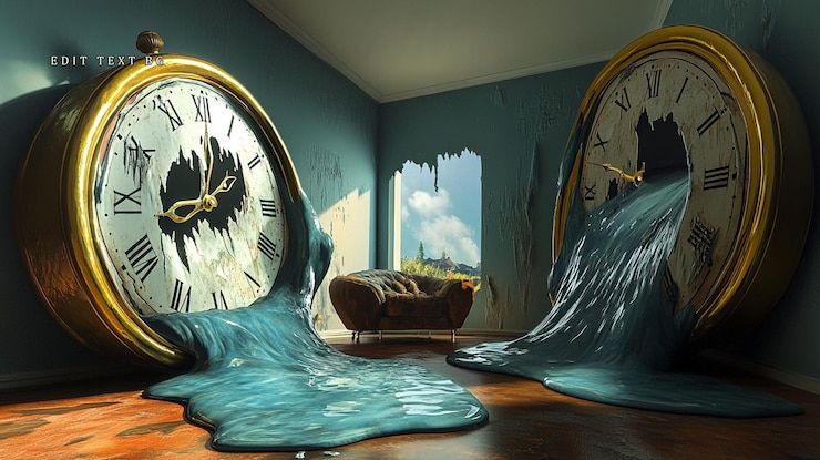 PSD surreal room with melting antique clocks damaged walls and a worn armchair