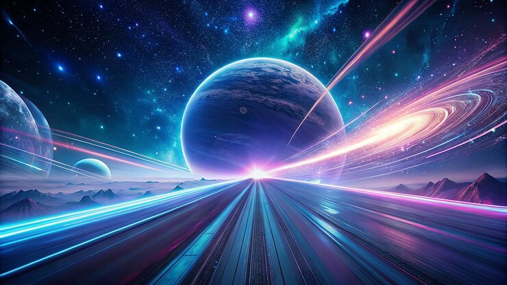 PSD surreal scifi landscape with glowing planet sunrise horizon and colorful energy trails in outer space