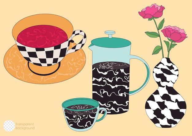 PSD surrealismus tea party illustration assets, becher, kaffee, blumenvase