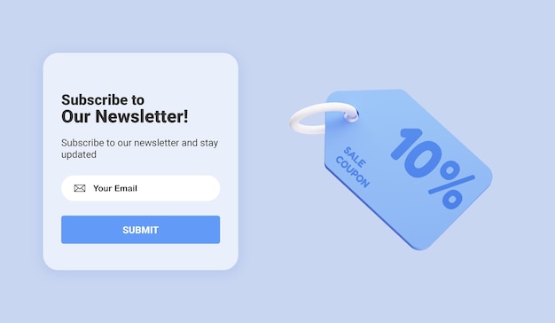 Suscríbase al boletín y obtenga un cupón de código de descuento para sus compras Concepto de marketing empresarial por correo electrónico Suscripción a noticias y promociones Maqueta de botón web Representación 3D