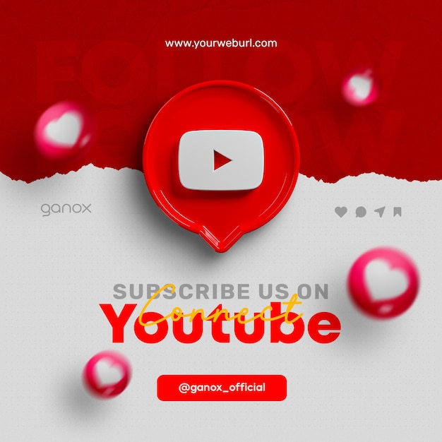 Suscribirse a nosotros en youtube redes sociales post 3d render banner