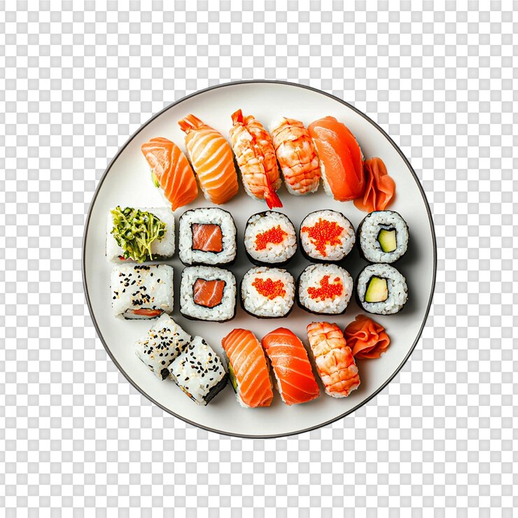PSD sushi auf einem teller, das auf einem durchsichtigen hintergrund isoliert ist