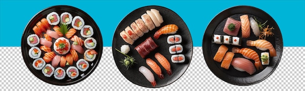 Sushi auf schwarzem Teller, Luftaufnahme mit transparentem Hintergrund, generative KI-Technologie