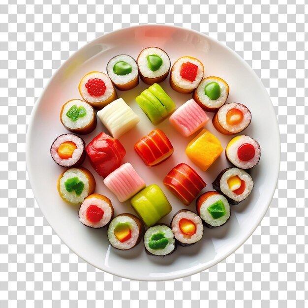 Sushi de doces em prato branco em prato branca em fundo transparente
