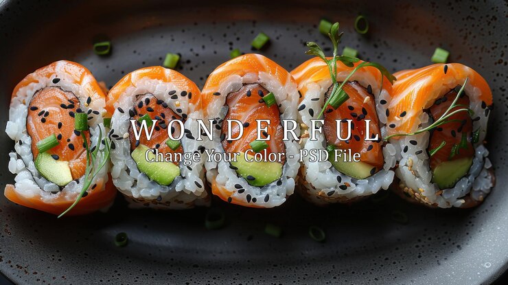 PSD sushi di salmone con avocado su un piatto nero
