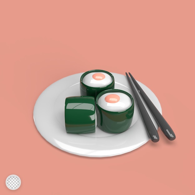 Sushi en una ilustración de renderizado de modelo 3d de placa