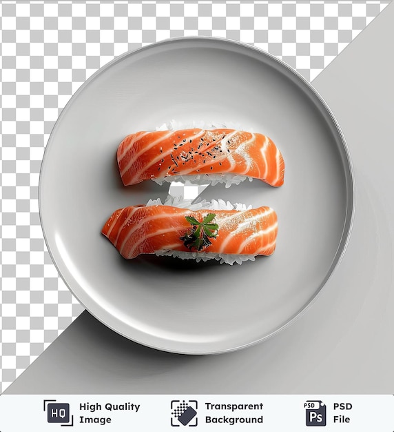 Sushi inarizushi de primera calidad servido en un plato blanco con una guarnición verde colocada sobre un fondo transparente con una sombra en el fondo