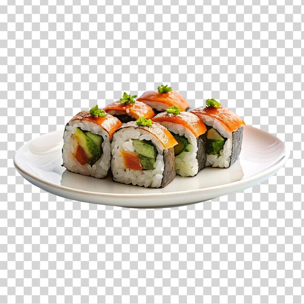 Un sushi en un plato blanco sobre un fondo transparente