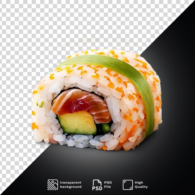 Un sushi y un poco de arroz están en un fondo transparente