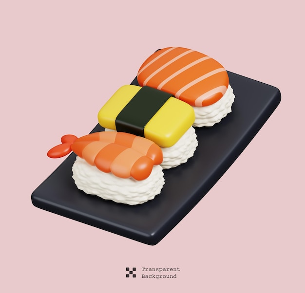 PSD sushi y rollos de tres tipos de rollos en una pizarra negra icono mínimo de comida japonesa 3d render