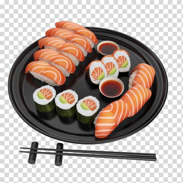 Sushi-Set mit Lachs und Reisrollen auf einem schwarzen Teller