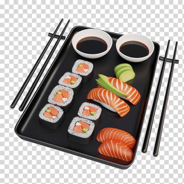 Sushi-Set mit Lachs und Reisrollen auf einem schwarzen Teller