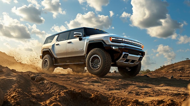 PSD suv hummer ev blanco todoterreno en un desierto con un cielo espectacular de fondo fondo de pantalla de suv