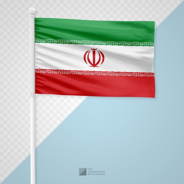 Sventolando la bandiera dell'Iran su un palo di metallo bianco isolato su uno sfondo trasparente