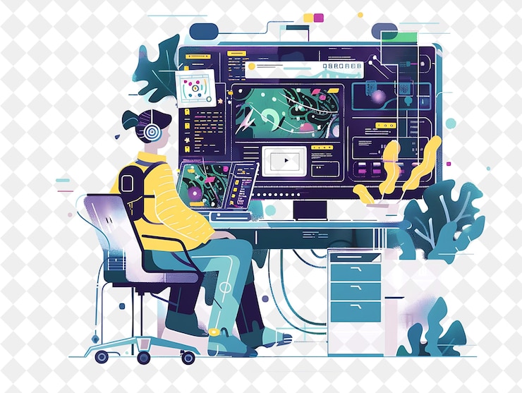 PSD sviluppatore web futuristico con codifica e progettazione di caratteri in png persone nell'illustrazione del lavoro quotidiano