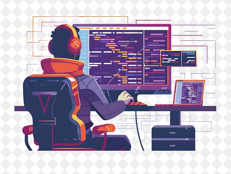 PSD sviluppatore web futuristico con codifica e progettazione di caratteri in png persone nell'illustrazione del lavoro quotidiano