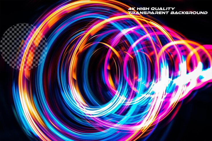 PSD swirling neon circles in motion with a blurry effecttransparent background