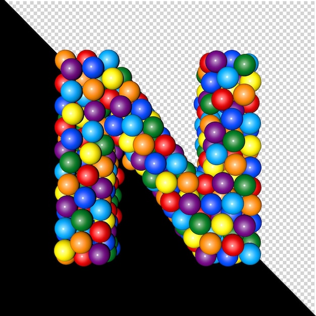 Symbol aus der sammlung von buchstaben aus kugeln in regenbogenfarben auf transparentem hintergrund. 3d großbuchstabe n
