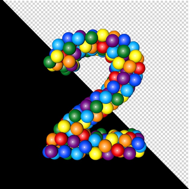 Symbol from the collection of letters made of balls of rainbow colors on a transparent background. 3d number 2