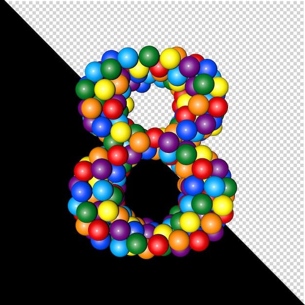 symbol from the collection of letters made of balls of rainbow colors on a transparent background. 3d number 8
