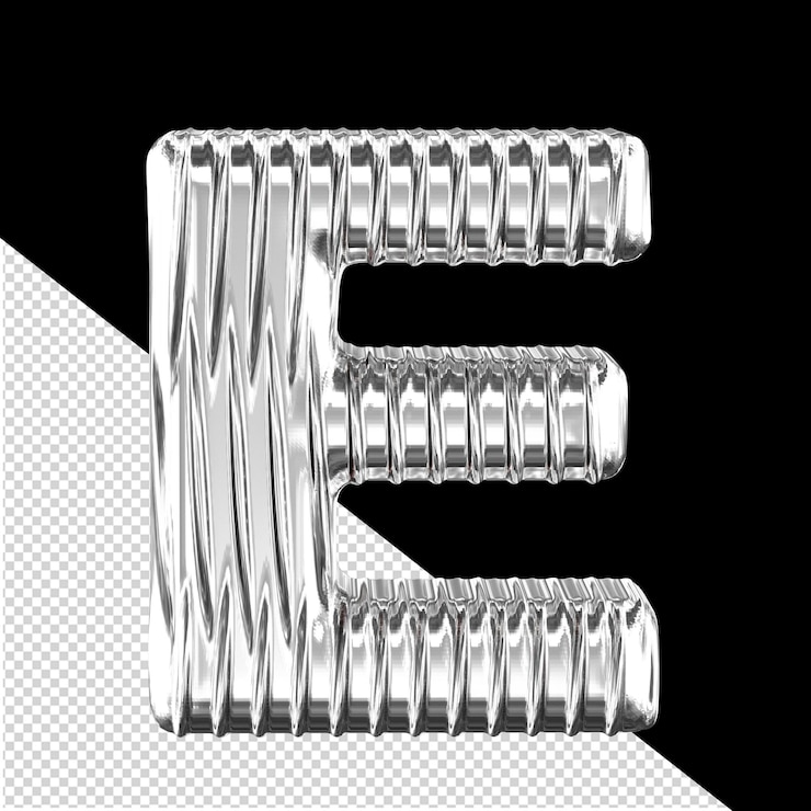 PSD symbole 3d argenté avec lettre e de nervures verticales