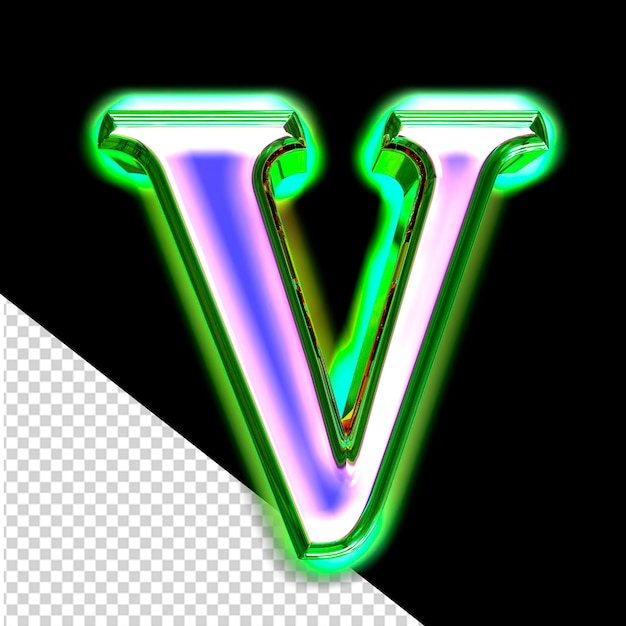 Symbole 3D bleu dans un cadre vert avec lettre lumineuse v