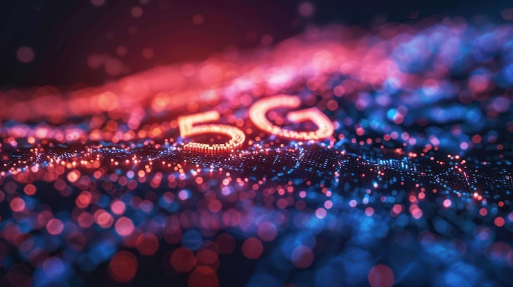 PSD symbole 5g lumineux sur un réseau de points de données dans un contexte technologique futuriste